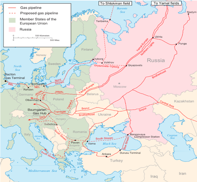 Pipelines network between Russia and Europe